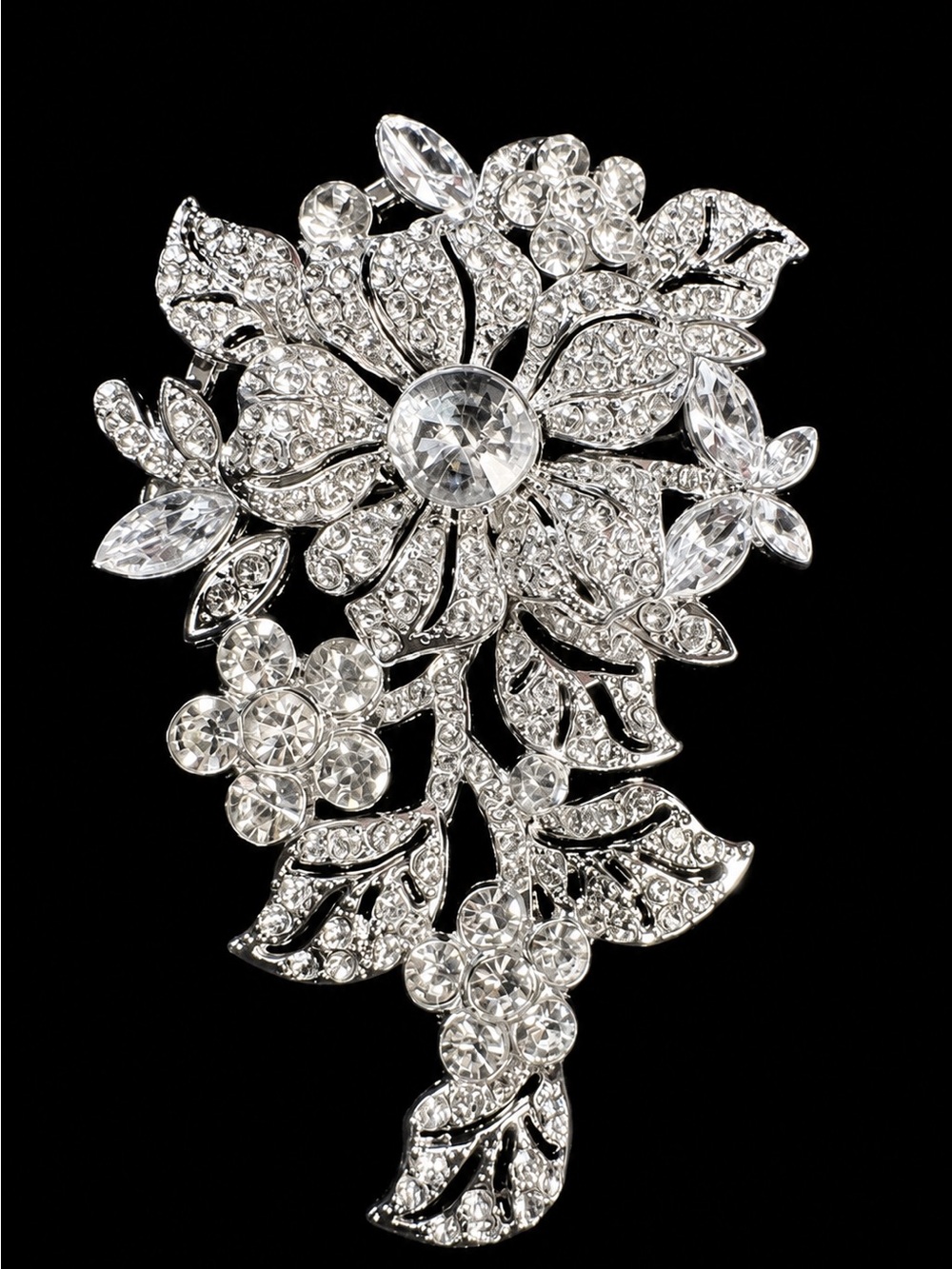Rhinestone Floral Cascade Brooch - Silver Clear